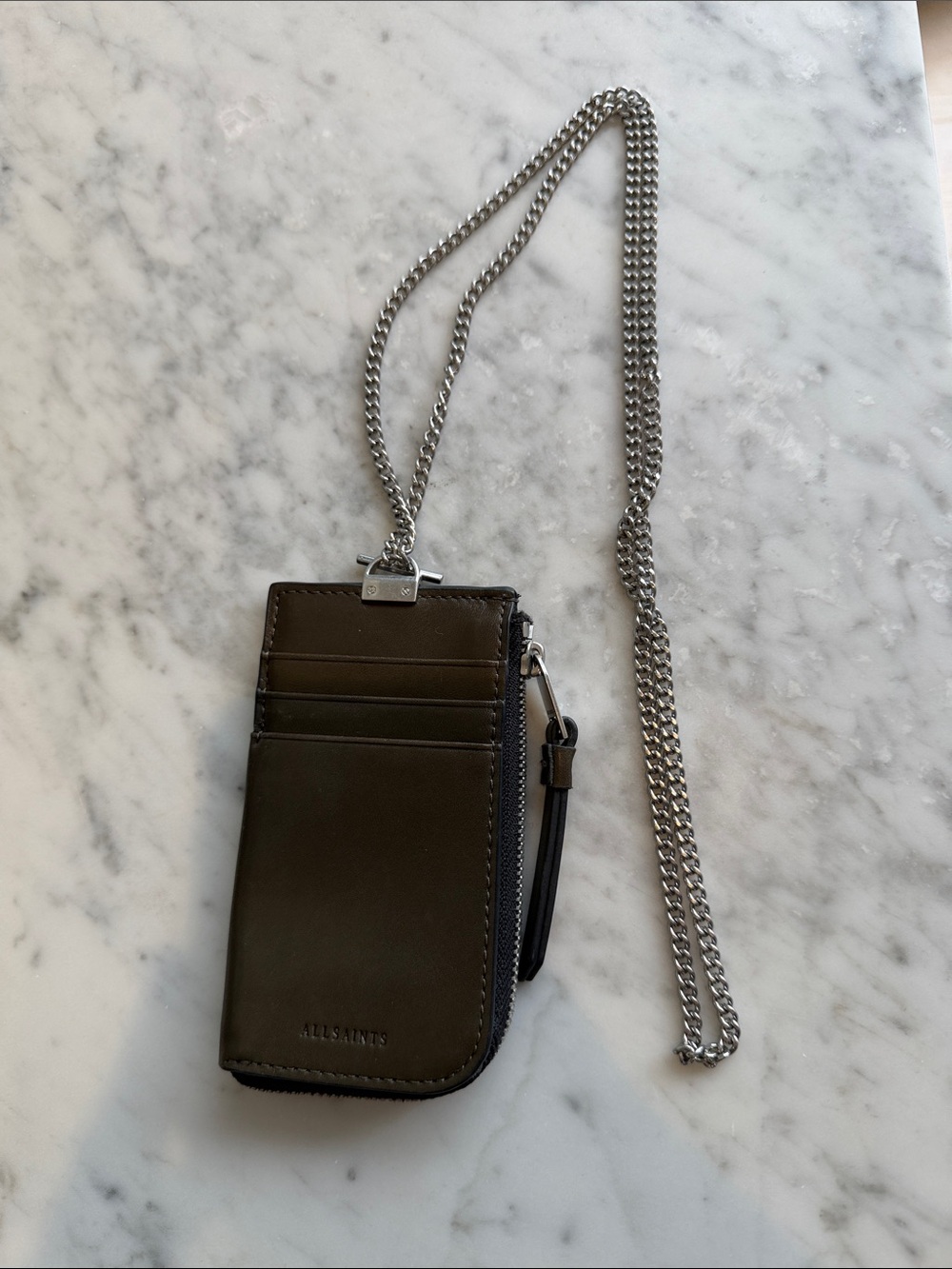 AllSaints Olive Leather Card Pouch with Silver Chain Strap